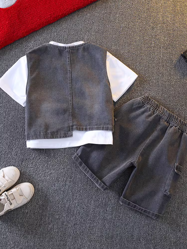 Bộ vest bé trai hè 2025 kiểu Hàn Quốc mới, quần áo hè trẻ em, áo không tay, trang phục hè, đồ thể thao bé trai thời trang