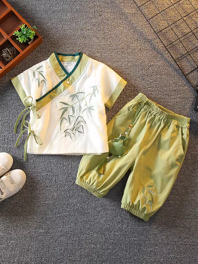 Hanfu dành cho bé trai Phong cách mỏng mùa hè Phong cách Trung Hoa Quần áo mùa hè Trang phục cổ xưa của trẻ em Trang phục nhà Đường Bộ đồ sinh nhật đầu tiên cho bé trai Bộ vải cotton và vải lanh