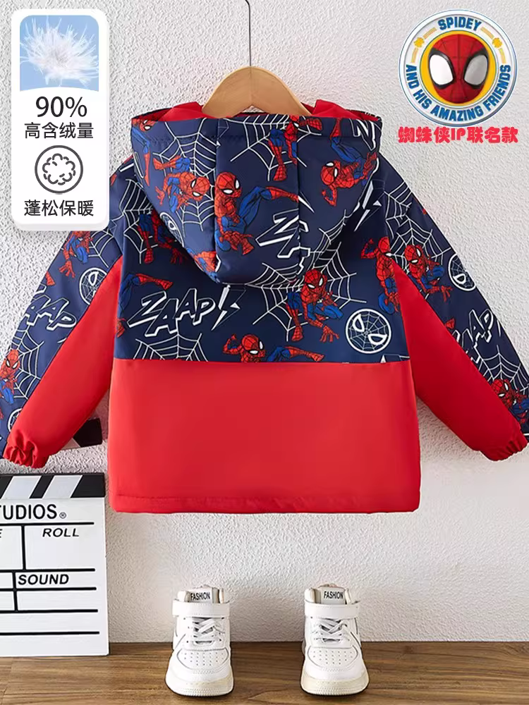 Áo khoác phao bé trai Spider-Man ba lớp chống thấm, khóa kéo đôi, mẫu mới mùa đông 2025, áo dày giữ ấm mùa đông