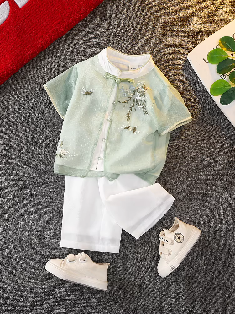 Áo Hanfu cho bé trai, kiểu dáng mỏng mùa hè, mẫu mới 2025, trang phục trẻ em phong cách cổ điển thời thượng cho Tết Trung thu, trang phục truyền thống Trung Quốc cao cấp cho bé trai.