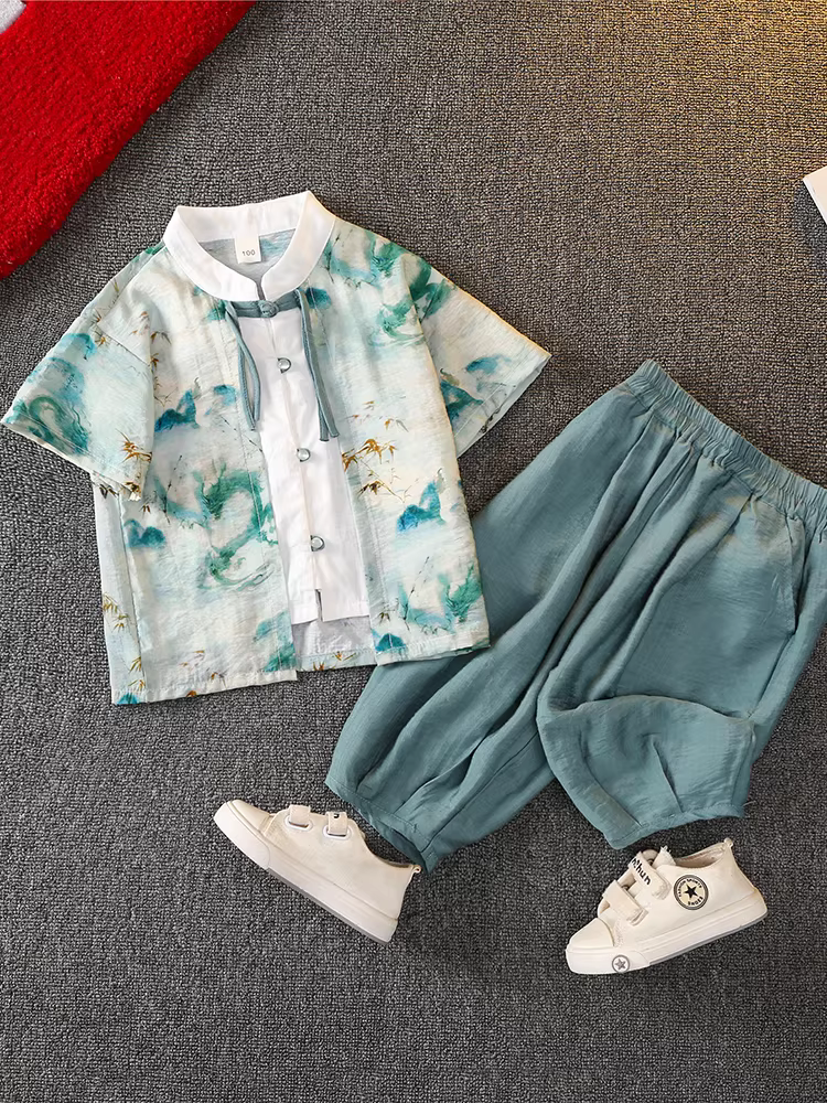 Trang phục truyền thống mùa hè của bé trai Hanfu trang phục truyền thống mùa hè kiểu Trung Quốc mới dành cho trẻ em kiểu Trung Quốc mới tay ngắn đẹp trai của cậu bé trong lễ Tết Trung thu Trang phục truyền thống Trung Quốc kiểu Đường