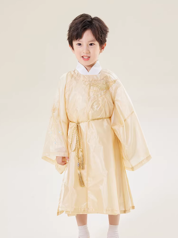 Áo choàng cổ tròn của bé trai Hanfu, trang phục trẻ em phong cách Trung Hoa mùa xuân thu, áo dài phong cách nhà Tống, trang phục cổ xưa của trẻ em, phong cách truyền thống ngắn tay của bé trai.