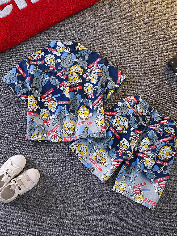 Bộ áo sơ mi denim cho bé trai, trang phục mùa hè thời trang trẻ em, thời trang đường phố mát mẻ cho bé Quần áo Ultraman