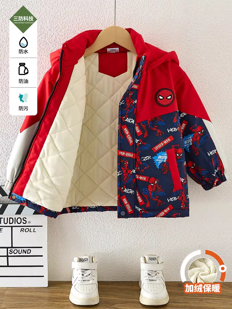Áo khoác bé trai Spider-Man, kiểu xuân thu, mẫu mới 2025, áo thu đông dày dặn cho bé trai, áo gió lót lông cừu cho trẻ em.