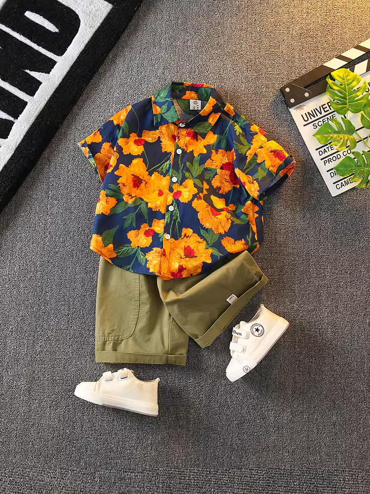 Bộ trang phục hè cho bé trai 2025 mới, thoáng khí, thời trang đường phố, áo sơ mi cổ trụ trẻ em, bộ hai mảnh