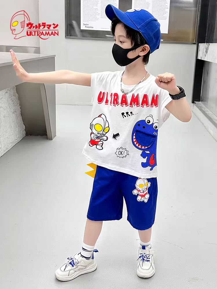 Bộ đồ hè bé trai tay ngắn kiểu mới 2025, thời trang, bộ quần áo Ultraman