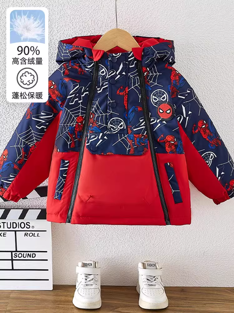 Áo khoác phao bé trai Spider-Man ba lớp chống thấm, khóa kéo đôi, mẫu mới mùa đông 2025, áo dày giữ ấm mùa đông