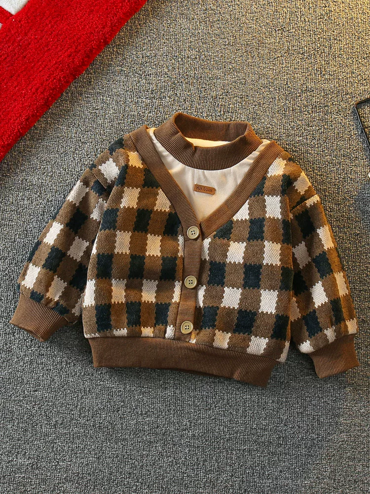 Áo len nỉ bé trai mùa đông 2025, quần áo trẻ em mới, thời trang, áo giữ ấm dày dặn tích hợp lớp lông cừu