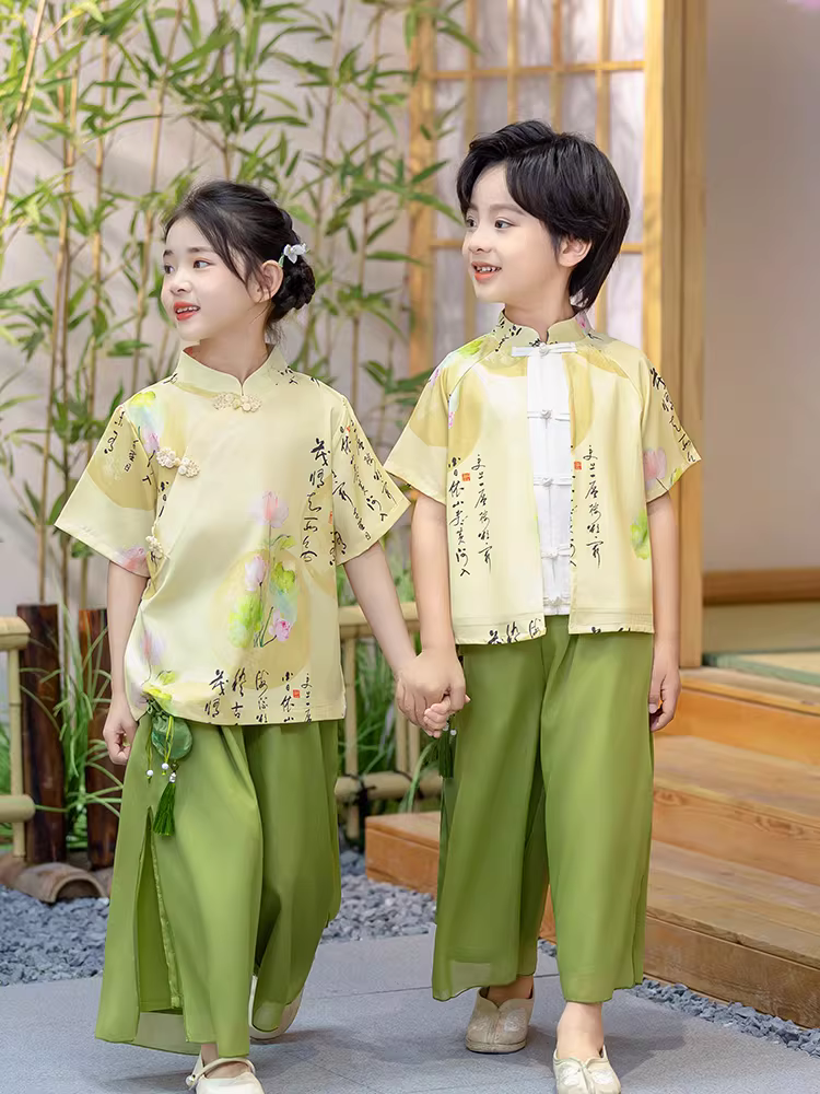 Trang phục biểu diễn truyền thống của học sinh tiểu học, bộ đồ Hanfu trẻ em, trang phục cải tiến phong cách Trung Hoa thời nhà Đường cho mẫu giáo mùa xuân thu 2025.