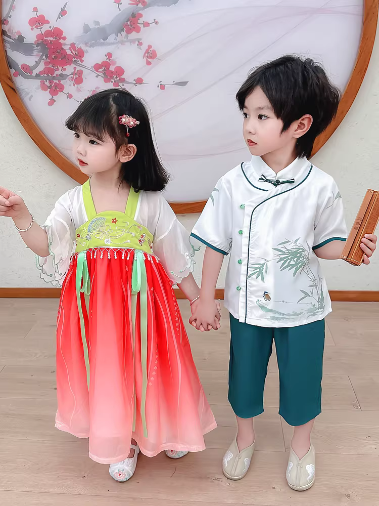 Trang phục truyền thống kiểu Trung Quốc dành cho bé trai, trang phục Tang kiểu Trung Quốc dành cho bé gái, quần áo mùa hè mới cho bé năm 2025, trang phục biểu diễn theo phong cách cổ xưa.