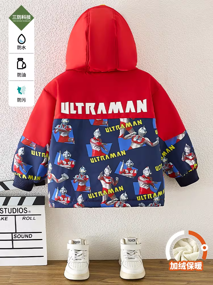 Áo khoác lót lông cừu Ultraman cho bé trai Áo khoác dày mới 2025 Áo khoác mùa đông cho trẻ em Áo khoác cotton mùa thu/đông hợp thời trang
