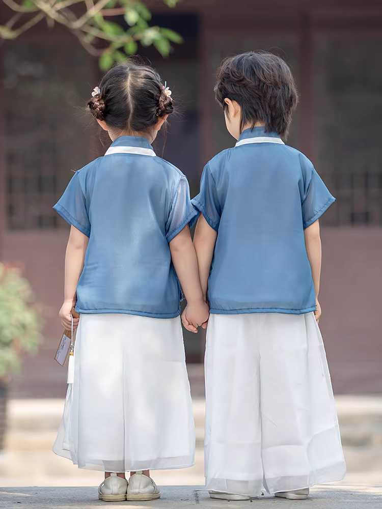 Trang phục biểu diễn ngày thiếu nhi kiểu Trung Hoa Hanfu dành cho bé trai, kiểu dáng truyền thống, mỏng nhẹ, tay ngắn, mùa hè 2025, thời trang, đẹp trai