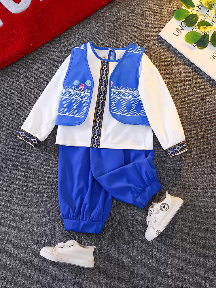 Bộ trang phục xuân thu cho bé trai 2025, quần áo dân tộc mới, trang phục dân tộc Miao, bộ đồ dài tay, quần áo trẻ em