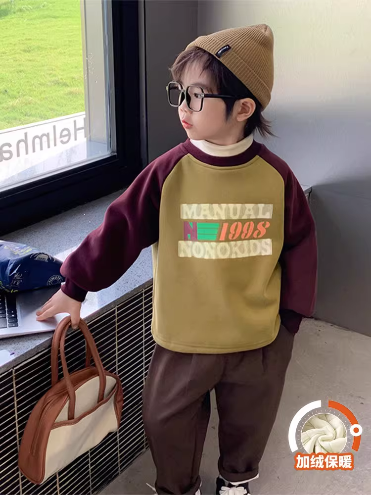 Áo len nỉ bé trai mùa đông 2025, áo ấm dày dặn tích hợp lông cừu cho bé trai cổ tròn mùa thu đông