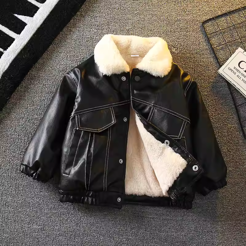 Áo khoác da lót lông cừu cho bé trai 25 kiểu mới Quần áo mùa đông cho bé trai Áo khoác da dày dặn phong cách biker trẻ em