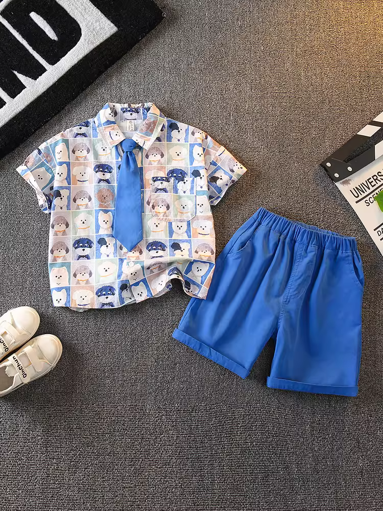 Bộ trang phục hè cho bé trai 2025 mới, kiểu dáng thời trang và đẹp trai, bộ hai mảnh mùa hè chất liệu cotton nguyên chất, tay ngắn, thời trang cho bé trai.