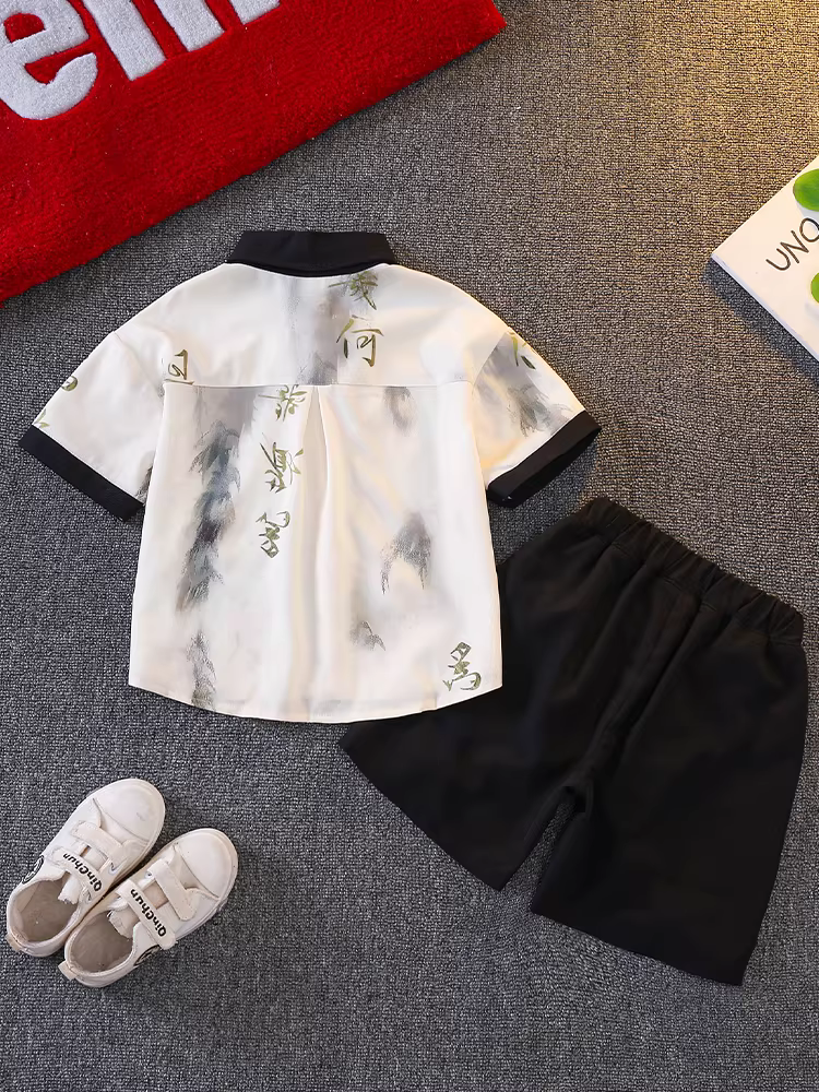 Bộ vest hè bé trai 2025 kiểu Trung Quốc mẫu mới, kiểu Trung Quốc hiện đại, áo sơ mi ngắn tay cải tiến, kiểu cổ điển, bộ vest áo sơ mi