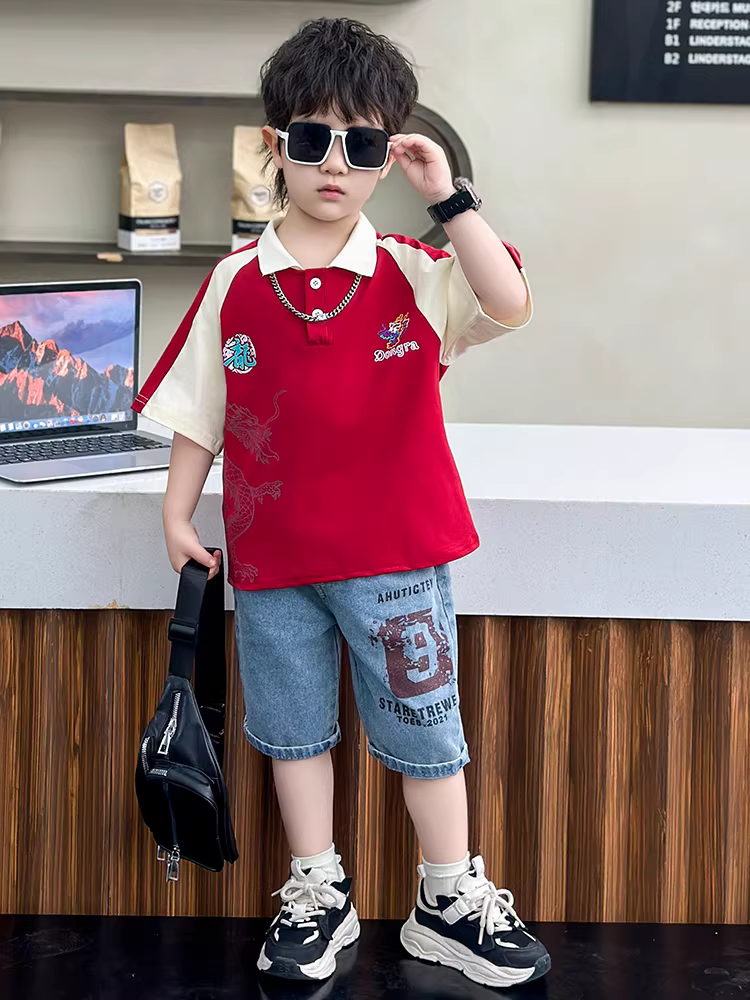 Bộ quần áo polo hè cho bé trai kiểu mới 2025, bộ đồ ngắn tay lịch lãm, bộ hai mảnh mùa hè trẻ em