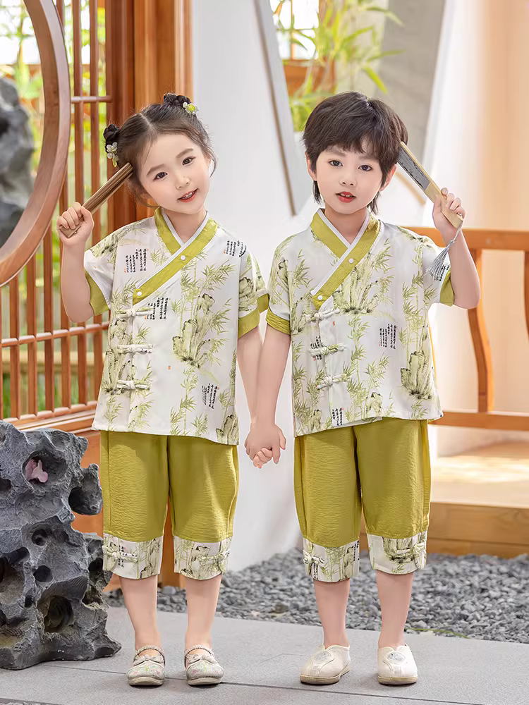 Trang phục truyền thống của trẻ em Trung Quốc, trang phục mùa hè kiểu Trung Quốc cao cấp dành cho bé trai, trang phục theo phong cách cổ xưa, trang phục biểu diễn truyền thống của trẻ em gái