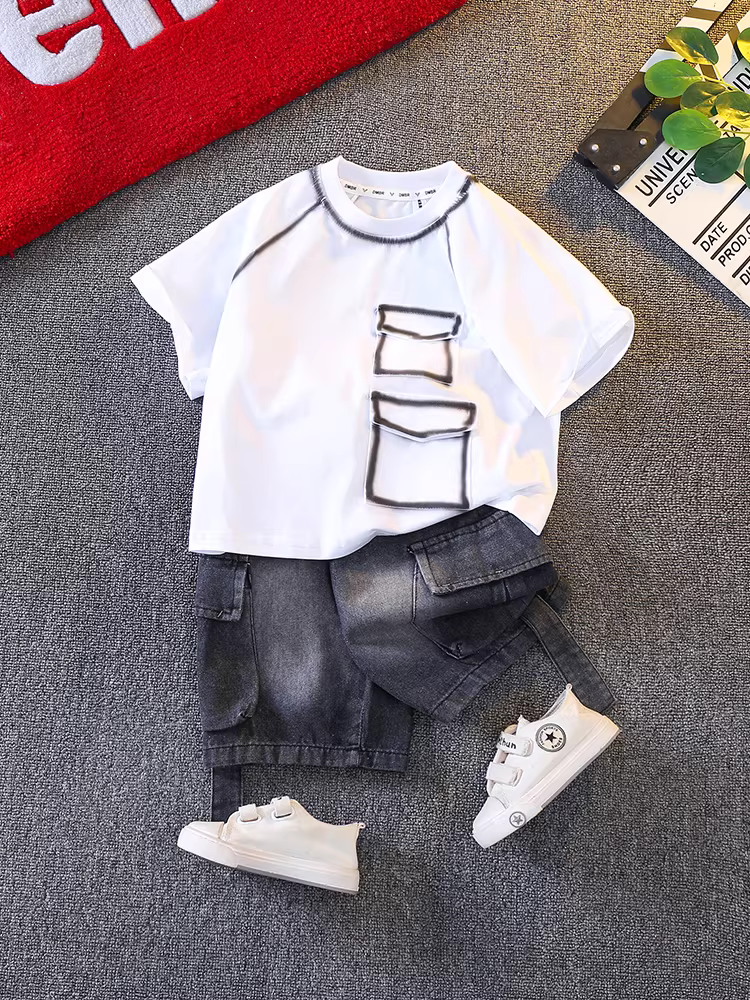 Bộ trang phục mùa hè cho bé trai, bộ vest phong cách Hàn Quốc thời thượng, bộ hai mảnh mỏng nhẹ và lịch lãm dành cho trẻ em mùa hè 2025.