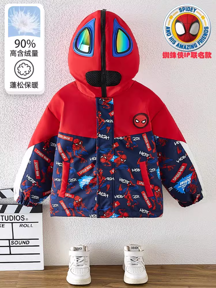 Áo khoác phao bé trai Spider-Man chống thấm ba lớp mùa đông 2025 mới dày dặn áo khoác trẻ em bé trai lông vũ mùa đông cho trẻ mới biết đi
