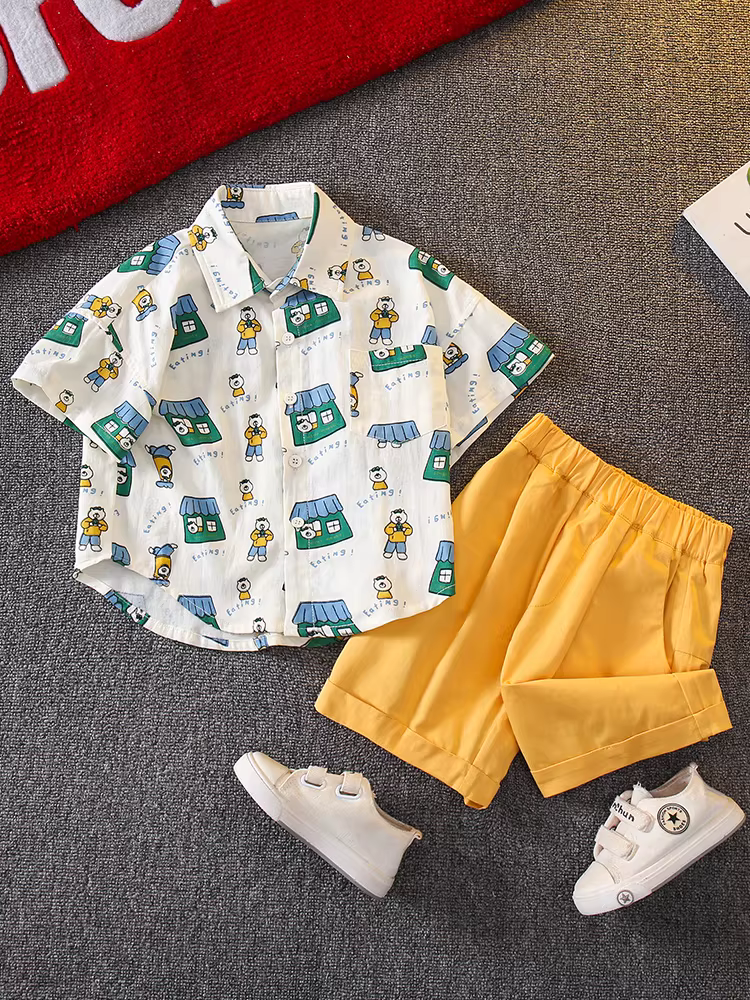 Bộ quần áo hè kiểu Hàn Quốc 2025 cho bé trai, áo thun ngắn tay in hình mới, mát mẻ, thời trang, sành điệu