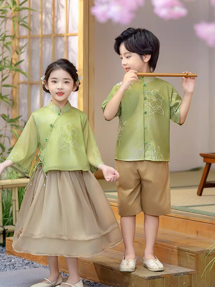 Trang phục kiểu Trung Quốc cho trẻ em, trang phục Tang cho bé trai, Hanfu cho bé gái, trang phục truyền thống Trung Quốc mùa hè, trang phục biểu diễn màu xanh lá cây