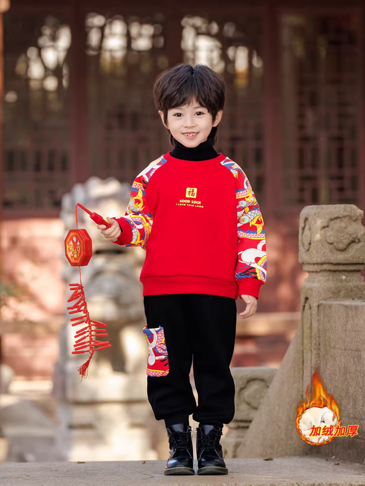 Trang phục năm mới cho bé trai, bộ đồ lót lông cừu phong cách Trung Hoa, bộ đồ trẻ em mùa đông năm 2025 năm Rồng, trang phục Tết, váy sinh nhật đầu tiên cho bé.
