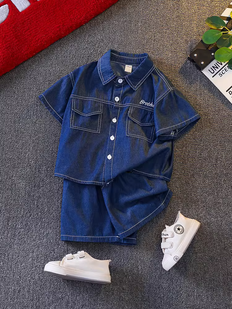 Bộ đồ denim trẻ em hè 2025 kiểu mới, thời trang cho bé trai, bộ hai mảnh tay ngắn, áo khoác denim đẹp trai cho bé trai