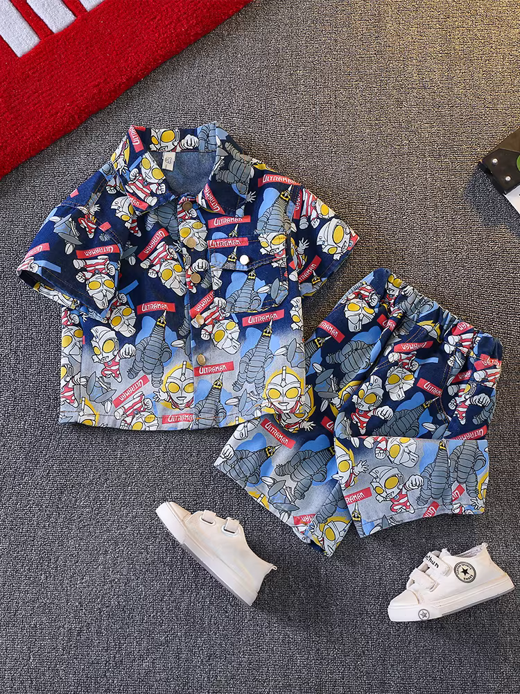 Bộ áo sơ mi denim cho bé trai, trang phục mùa hè thời trang trẻ em, thời trang đường phố mát mẻ cho bé Quần áo Ultraman