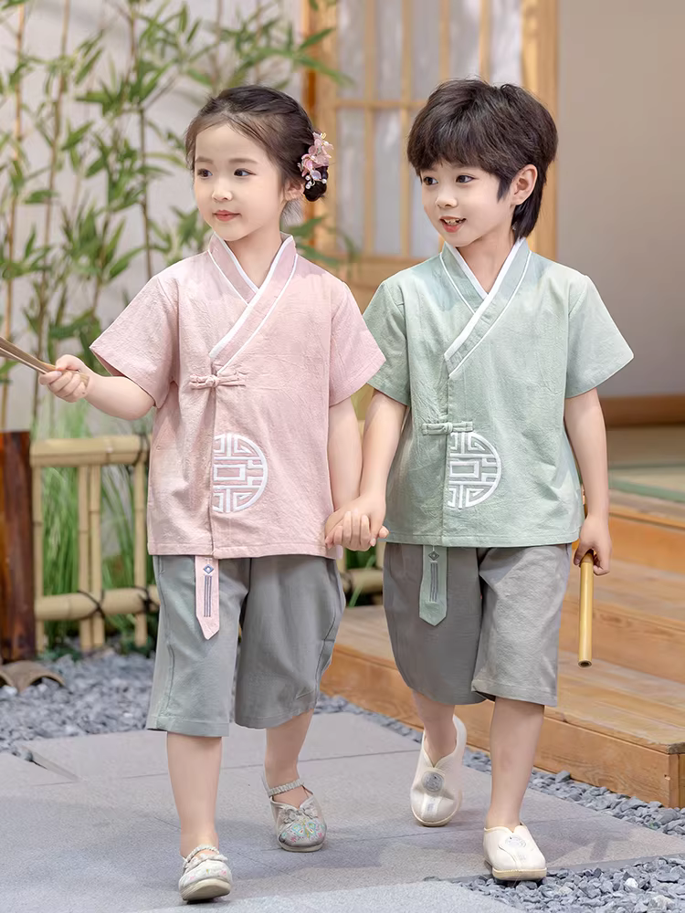 Bộ quần áo ngắn tay mùa xuân hè Hanfu dành cho bé gái Bộ quần áo biểu diễn ngày lễ hội của trẻ mẫu giáo Trang phục mùa hè phong cách Trung Hoa dành cho bé trai