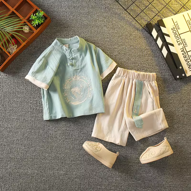 Bộ đồ hai mảnh bằng vải cotton và vải lanh phong cách Trung Quốc mùa hè dành cho bé trai Hanfu dành cho trẻ em Bộ đồ hai mảnh phong cách cổ xưa dành cho bé trai Bộ đồ phong cách cổ đại Tang phù hợp với trang phục biểu diễn trang trọng