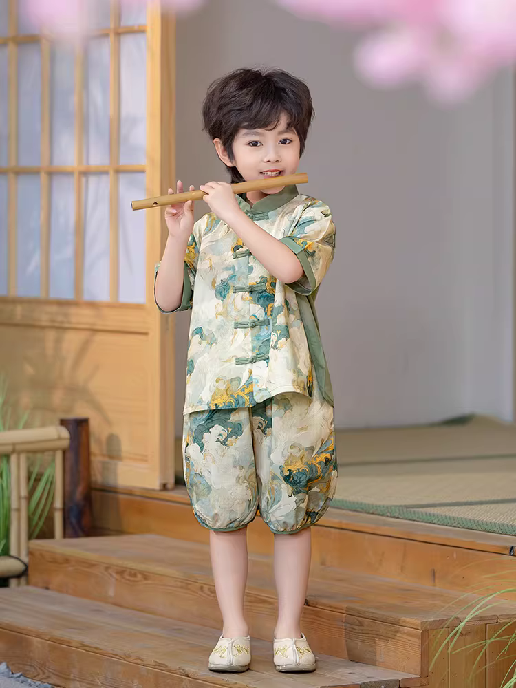 Bộ đồ Hanfu kiểu Trung Quốc mới cho bé trai, bộ đồ mùa hè kiểu Đường, chất liệu mỏng, tay ngắn, kiểu Trung Quốc, mẫu mới 2025