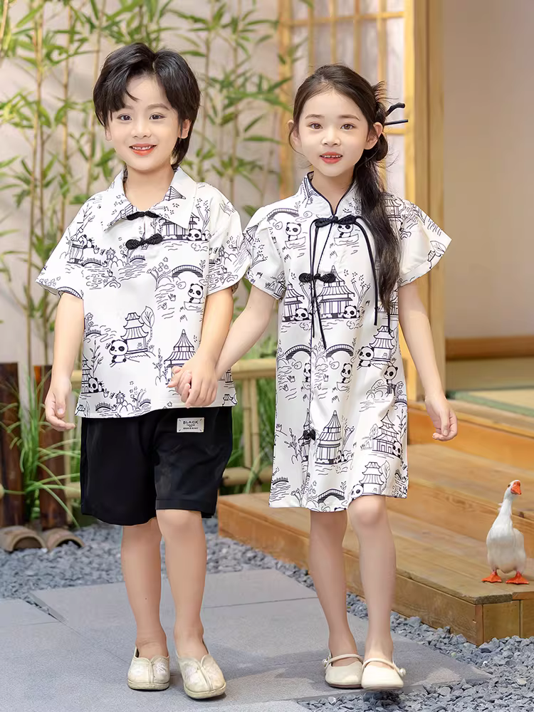 Trang phục gấu trúc kiểu Trung Hoa dành cho bé trai, váy sườn xám dành cho bé gái, trang phục anh chị em Hanfu vẽ tranh mực, trang phục biểu diễn, quần áo mùa hè cho trẻ mới biết đi