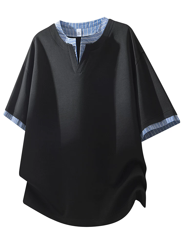 Áo thun giả hai mảnh kiểu Mỹ của Jeanswest dành cho nam, mùa xuân hè, áo màu đen rộng rãi, thoáng khí, phong cách giản dị.