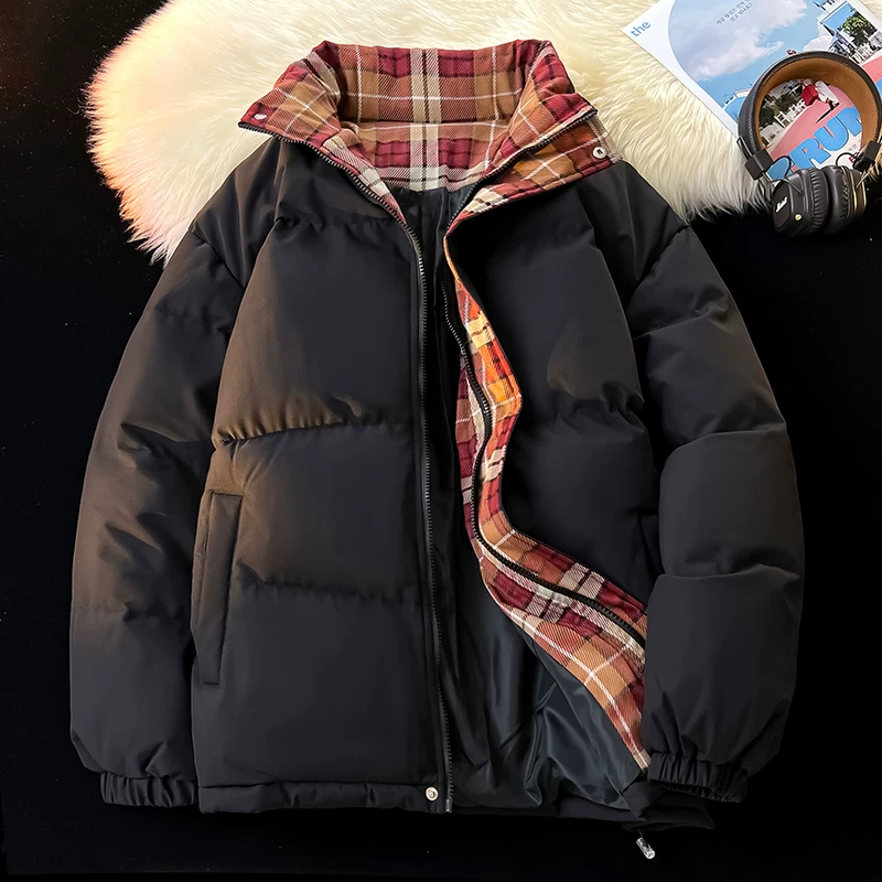 Áo khoác cotton cổ đứng kẻ sọc phối màu của Jeanswest dành cho nam, áo khoác cotton dày mùa đông, áo khoác phao, áo khoác ngoài bằng cotton.
