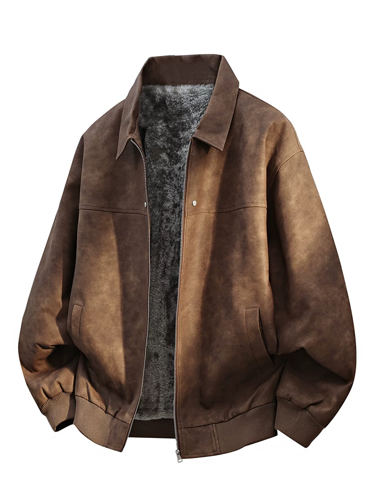 Áo khoác da phong cách retro Mỹ của Jeanswest dành cho nam, áo khoác dày lót lông cừu mùa đông, size lớn.
