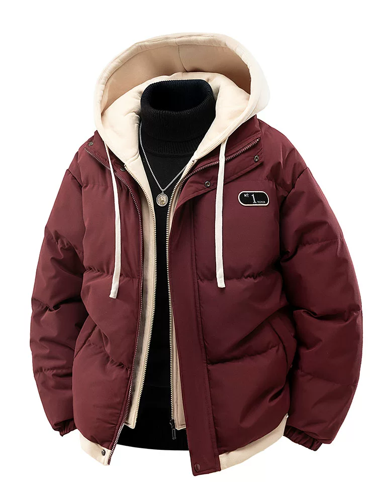 Áo khoác cotton đa năng có mũ trùm đầu giả hai lớp của Jeanswest dành cho nam, áo khoác cotton dày mùa đông, áo khoác ngoài cotton ấm áp.