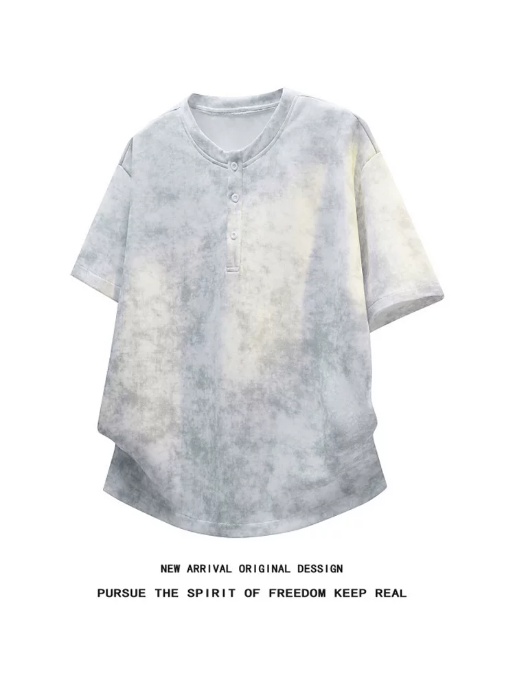 Áo thun cổ nửa hở nhuộm màu kiểu Mỹ của Jeanswest dành cho nam, thương hiệu thời trang cao cấp mùa hè, áo ngắn tay rộng rãi và thoáng khí.
