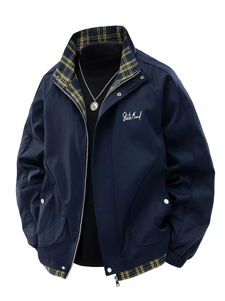 Áo khoác cổ đứng kẻ sọc giản dị phong cách Mỹ của Jeanswest dành cho nam giới, áo khoác công sở giả hai mảnh hợp thời trang mùa xuân.