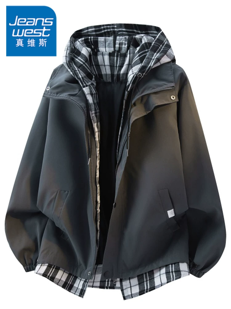 Áo khoác có mũ trùm đầu giả hai mảnh kiểu cổ điển cao cấp của Jeanswest dành cho nam, áo khoác ngoài đa năng hợp thời trang mùa xuân thu.