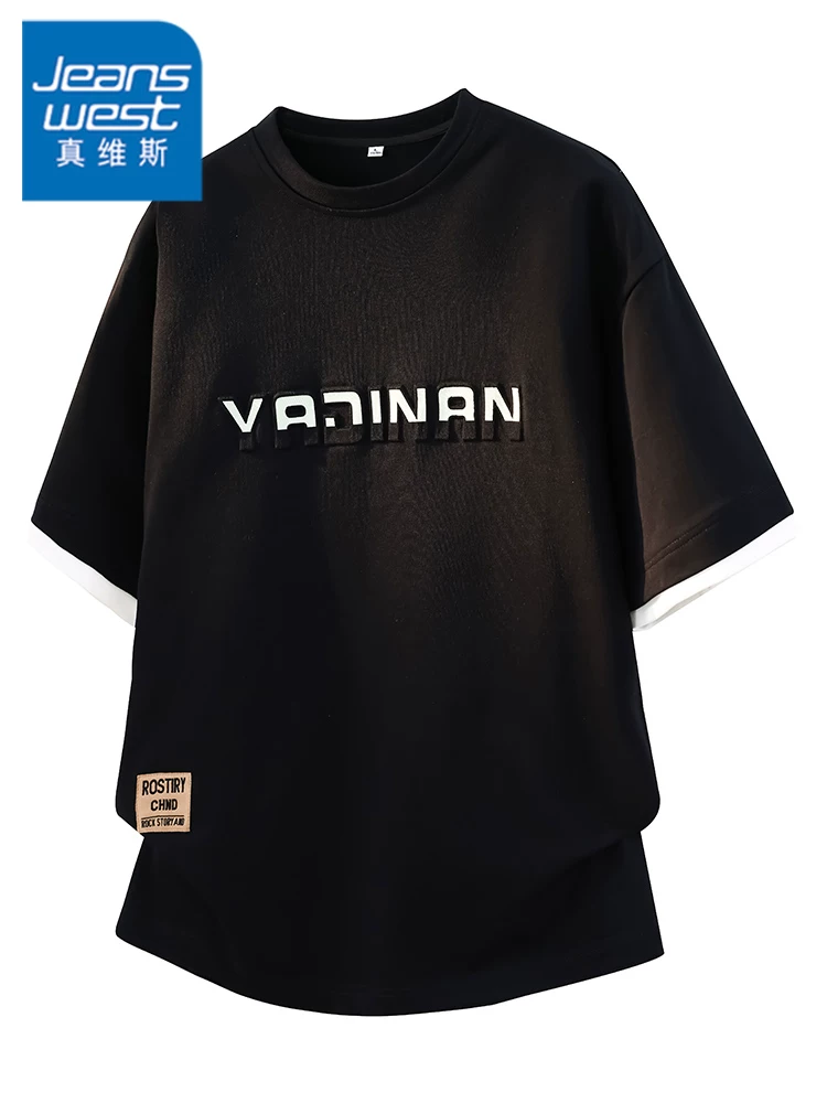Áo thun ngắn tay cổ tròn in chữ thương hiệu thời trang phong cách Mỹ của Jeanswest dành cho nam, áo rộng rãi và thoáng khí cho mùa xuân hè.