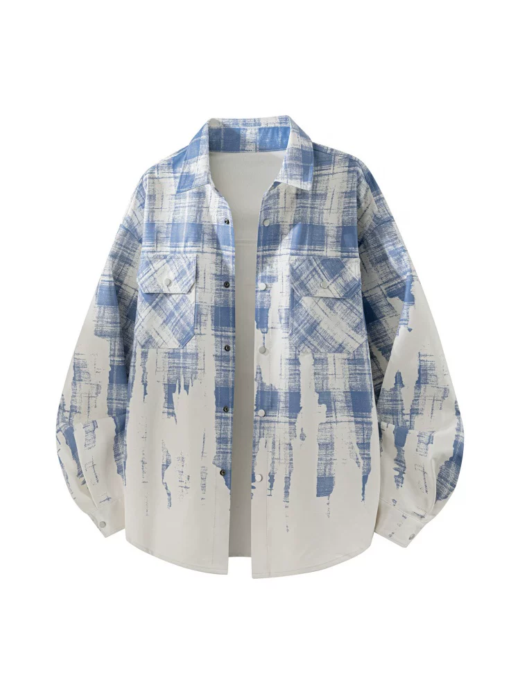 Áo sơ mi nam Jeanswest 2026 kiểu retro kẻ caro nhuộm tie-dye, cổ trụ, mùa xuân thu, đa năng, dáng rộng, phong cách casual