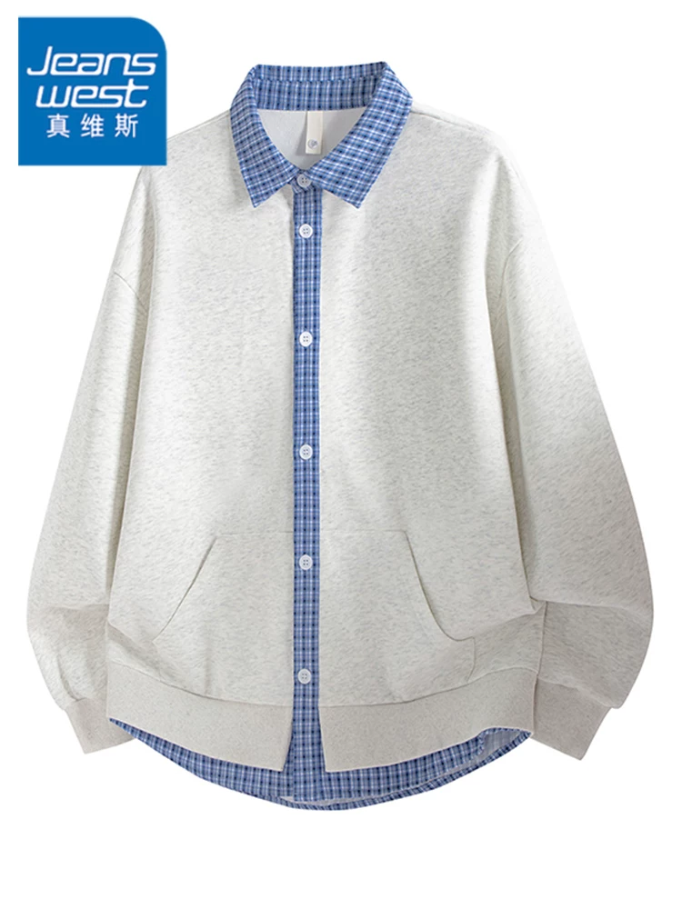 Áo len cardigan giả hai mảnh phối màu phong cách Mỹ của Jeanswest dành cho nam, mùa xuân thu, thương hiệu thời trang cao cấp, áo khoác dáng rộng thoải mái.