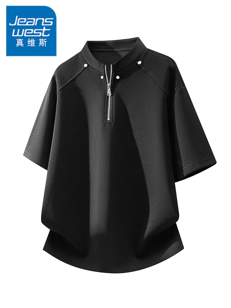 Áo thun nam Jeanswest kiểu Mỹ, nửa khóa kéo, đính đinh tán, chất liệu lụa băng, dáng rộng mùa hè, cảm giác cao cấp, thoáng khí, tay ngắn mỏng.