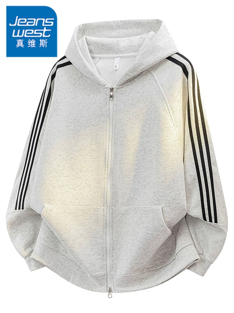 Áo khoác có mũ trùm đầu ba sọc kiểu Mỹ của Jeanswest dành cho nam, áo khoác cao cấp thương hiệu thời trang rộng rãi, phong cách thường ngày mùa xuân thu.