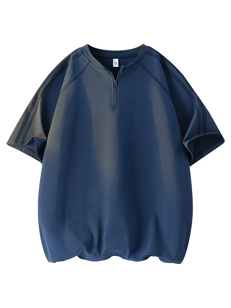 Áo thun nam Jeanswest kiểu Mỹ, chất liệu lụa đá sọc, nửa khóa kéo, mùa hè, dáng rộng, thời trang, thoáng khí, thân thiện với da, tay ngắn.