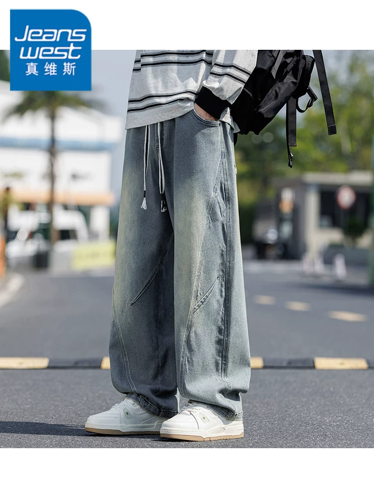 Quần jean nam phong cách Mỹ cổ điển giản dị của Jeanswest dành cho mùa xuân và mùa thu, quần ống rộng cao cấp ống rộng thời thượng của thương hiệu thời thượng.