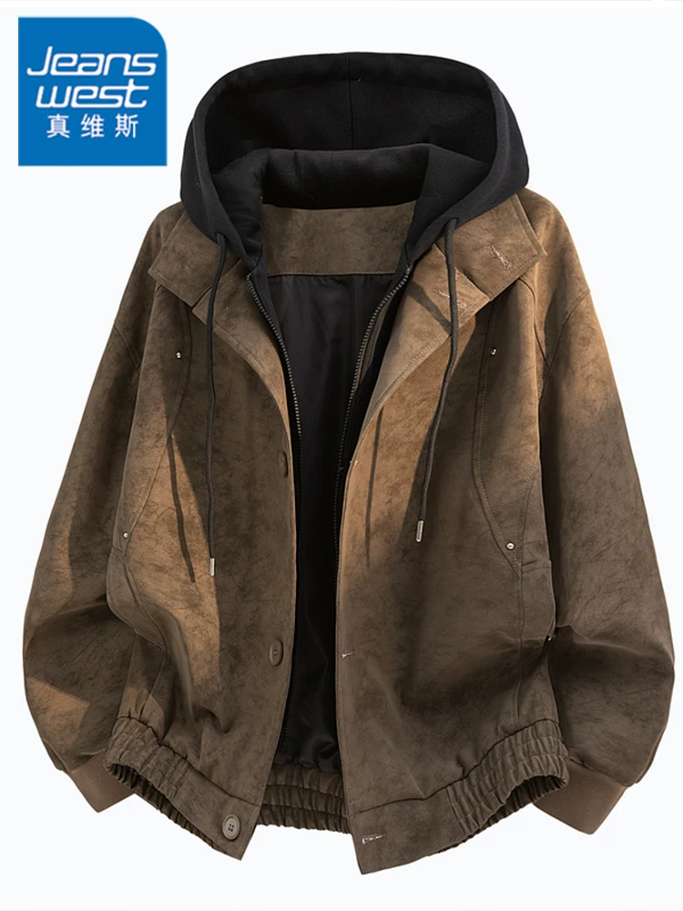 Áo khoác có mũ trùm đầu giả da lộn hai mảnh của Jeanswest dành cho nam, mùa xuân thu, cảm giác cao cấp, dáng rộng, chống gió, áo khoác đa năng.