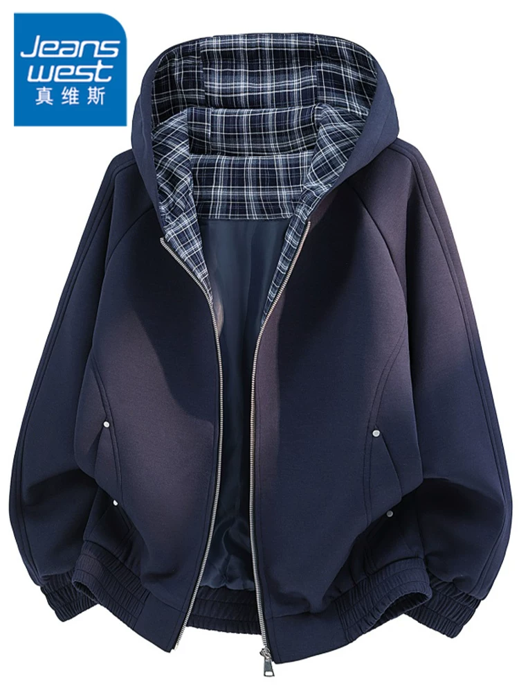 Áo khoác cardigan có mũ trùm đầu kẻ sọc chắp vá của Jeanswest dành cho nam giới, mùa xuân và mùa thu phong cách Mỹ, áo khoác ngoài dáng rộng hợp thời trang của thương hiệu thời trang Mỹ.
